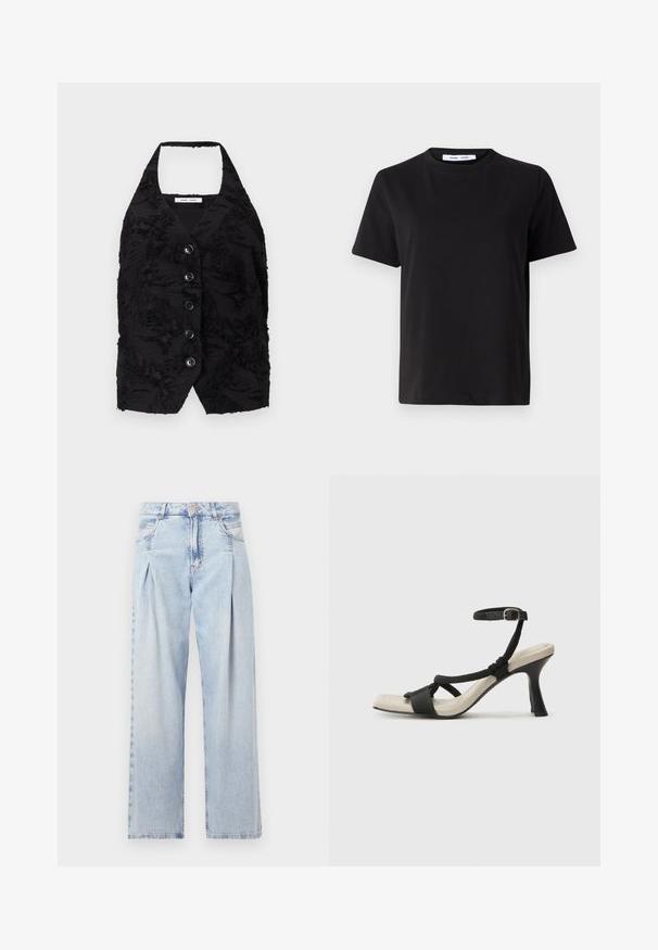 Vest negru dintr-un material texturat, cu modele ridicate, de tip V, și șase butoane frontale. Guler halter, fără mâneci, design scurt.; Tricou negru cu manșon scurt, fabricat din bumbac moale, având un guler rotund, o croială lejeră și o textură netedă. Fără modele sau grafice vizibile.; Jeans din denim albastru deschis cu talie înaltă, croială evazată, două buzunare laterale și un design pliat. Textură moale cu un finisaj decolorat.; Sandal cu toc negru, cu design de curea împletită, vârf pătrat și curea de gleznă ajustabilă. Tălpică de un bej deschis și toc negru lucios.