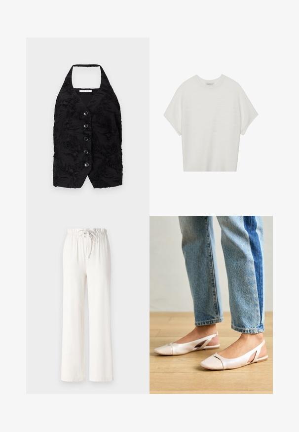 Black vest with a textured fabric featuring raised patterns, a V-neck, and six front buttons. Halter neckline, no sleeves, cropped design.; White short-sleeve t-shirt with a wide crew neck and textured ribbed pattern, made of soft fabric, featuring a relaxed fit and a clean design.; White wide-leg pants made of soft fabric, featuring a drawstring waist and smooth texture. No patterns or embellishments visible.; Pale pink slingback flats with a pointed toe, made from a smooth leather-like material. Features cut-out details at the sides and a flat heel.