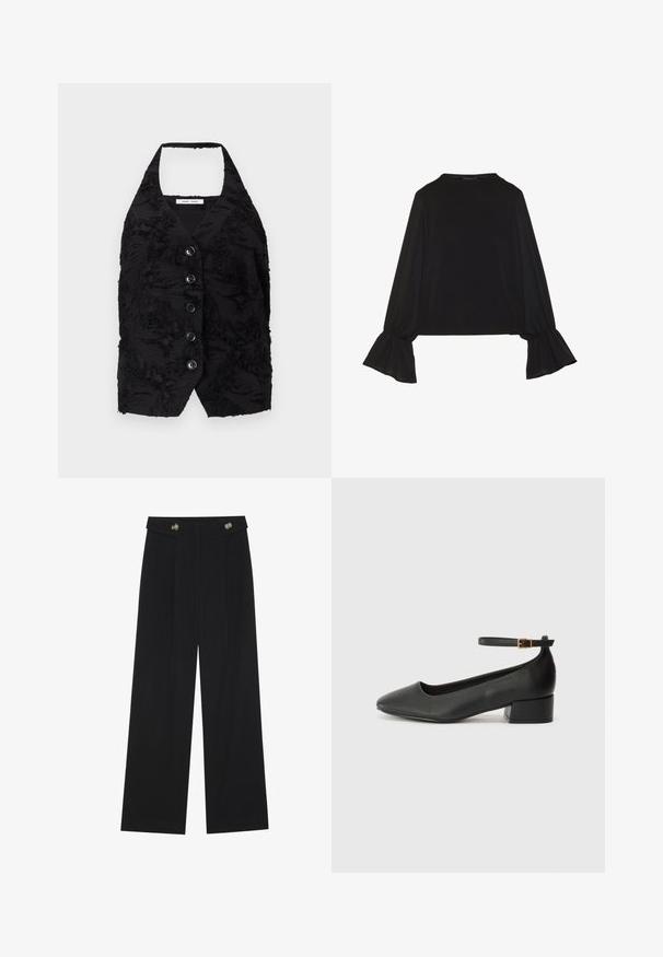 Black vest with a textured fabric featuring raised patterns, a V-neck, and six front buttons. Halter neckline, no sleeves, cropped design.; Black long-sleeve top featuring flared cuffs, soft texture, and a relaxed fit, with a simple round neckline.; Black wide-leg trousers with high waist, button details on waistband, and front pleats.; Black leather pump with a pointed toe and a low block heel. Features an ankle strap with a gold-tone buckle. Smooth texture.