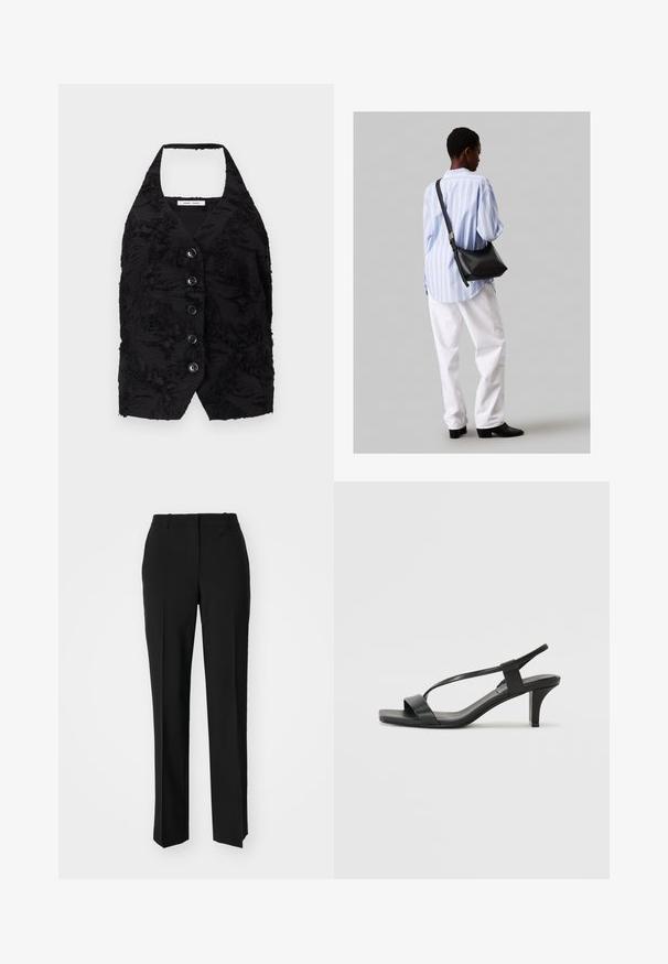 Vest negru dintr-un material texturat, cu modele ridicate, de tip V, și șase butoane frontale. Guler halter, fără mâneci, design scurt.; Tricou alb scurt, cu mâneci scurte și largi, din bumbac moale, cu decolteu rotund și un finisaj subtil portocaliu, design minimalist, fără modele sau grafice.; Pantaloni negri tailor-ed cu un design drept, având o textură fină și cute clare pe față. Fără elemente de prindere vizibile.; Sandale negre cu toc înalt, cu un design cu curea subțire, vârf pătrat și toc bloc de înălțime medie. Fabricate din piele netedă cu o finisare mată.; Geantă de umăr din piele neagră cu o textură moale, formă triunghiulară și curea ajustabilă, asortată cu o bluză cu dungi albastre deschise și pantaloni albi.