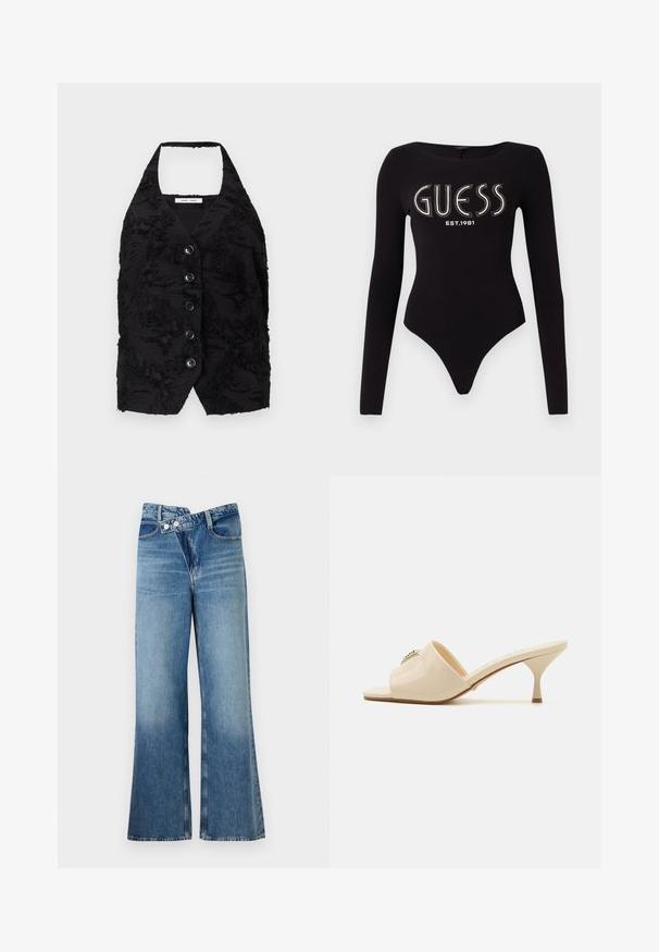 Czarna kamizelka z fakturowanej tkaniny z wypukłymi wzorami, z dekoltem w serek i sześcioma guzikami z przodu. Krój halter, bez rękawów, krótka konstrukcja.; Czarny bodysuit z długim rękawem, z dekoltem w serek, z napisem "GUESS" z cyrkoniami i "EST.1981" w białym kolorze, wykonany z elastycznego materiału.; Jasnoniebieskie dżinsy o fasonie dzwonów z wysokim stanem, z dwiema guzikami i kieszeniami z przodu. Materiał ma wyblakłą fakturę z subtelnymi odcieniami.; Beżowe, lakierowane sandały mule z odkrytymi palcami i niskim, stiletto obcasem. Posiadają centralny dekoracyjny akcent na cholewce. Gładkie, błyszczące wykończenie.