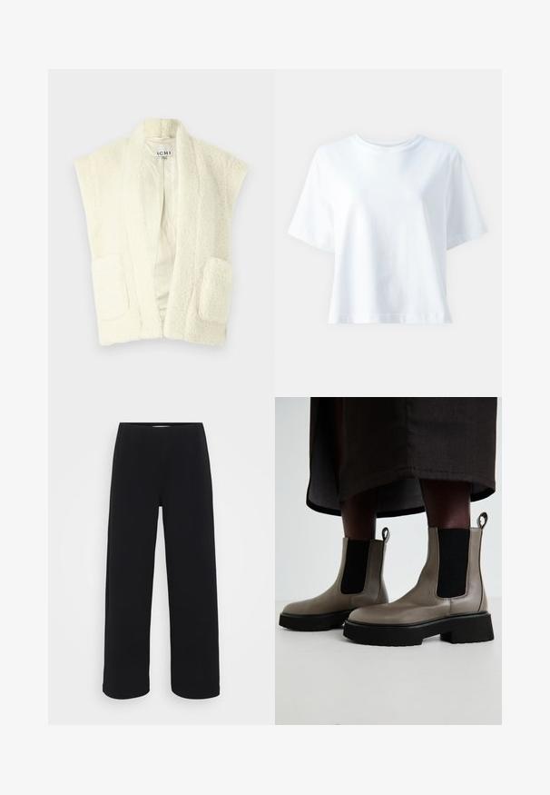 ICHI GIZLA - Liemenė - birch; Balta medvilninė marškinė su apvaliu kaklu, trumpomis rankovėmis, laisvu siluetu ir švelnia tekstūra. Žinoma, jokių raštų ar akcentų nematyti.; Juodos plačios kelnės su elastingu juosmeniu. Pagamintos iš tekstūruotos medžiagos, turi laisvą siluetą ir tiesų kirpimą nuo klubų iki krašto.; Pilkas kulkšninis batus, pagamintus iš tekstūruotos odos, su elastingomis šoninėmis panelėmis ir masyviu juodu padu. Yra užtrauktukai, skirti lengvam vilkimo procesui.