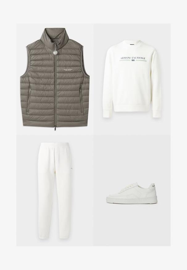 Siltuma veste pelēcā krāsā ar augstu apkakli, rāvējslēdzēju priekšpusē un divām sānu kabatām. Viegls tekstūras pieskāriens ar paklājuma šuvēm.; Balts sporta krekliņš ar apaļu kakla izgriezumu, garām piedurknēm un ribotām aprocēm. Uz krekliņa ir izdrukāts "Armani Exchange 1991" logo zildzeltainā un zaļā krāsā.; Pelēks kokvilnas T-krekls ar smalku AX logotipa rakstu, apaļu kakla izgriezumu, īsām piedurknēm un brīvu piegriezumu. Gluda tekstūra ar nedaudz izbalējušu stilu.; Baltas sporta bikses, izgatavotas no mīkstas auduma, ar elastīgu jostu, sašaurinātiem galiem un nelielu logo kreisajā pusē.; Baltas ādas sneakers ar gludu virsmu, apaļu pirkstu daļu, plakaniem šņorēm un teksturētu zoli. Satur diskrētu logotipu uz papēža.