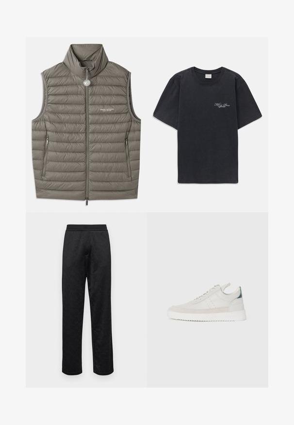 Triuškinis liemenė šviesiai pilkos spalvos, su aukštu apykakle, užtrauktuku ir dviem šoninėmis kišenėmis. Lengvai struktūrizuota su siuvinėjimu ir prisiūtais kvadratais.; Juodas trumpomis rankovėmis, apvaliu kaklu marškinėliai su mažu baltu "Filling Pieces" tekstiniu logotipu kairiajame krūtinės kampe.; Juodos raštuotos kelnės su tekstūruotu audiniu, elastinga juosta ir tiesaus kirpimo dizainu. Be kišenių ir matomų užsegimų.; Balti odiniai sportbačiai su pilkais zomšos akcentais, su raišteliais, su traukimo juostele ir tekstūruota guma, kurioje matomas zigzago raštas.