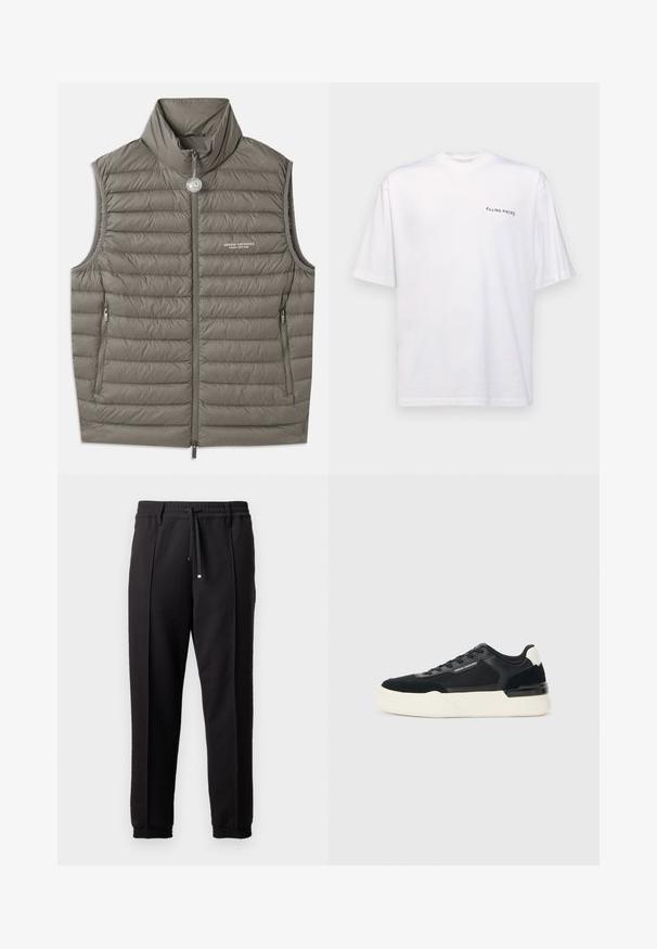 Puhasta jopica v zatemnjenem sivi barvi, z visokim ovratnikom, zadrgo spredaj in dvema stranskima žepoma. S svetlo teksturo in podrobnostmi v obliki kviltanja.; Bela kratka majica s kratkimi rokavi iz bombaža z V-izrezom, ki vsebuje črn logotip "FILLING PIECES" natisnjen na levi strani.; Črne hlače z pasom, vrvico in elastičnimi manšeti. Imajo nabore in gladko teksturirano blago.; Črne superge iz mrežastega materiala in usnja, z debelim belim podplatom in kontrastnimi poudarki. Pertle in detajl logotipa ob strani.