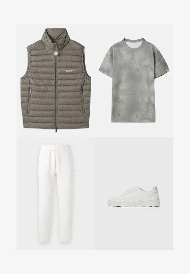 Pufasta prsluk u umirujućoj sivoj boji, s visokim ovratnikom, patentnim zatvaračem sprijeda i dva bočna džepa. Lagano teksturiran s ušivenim prošivima.; Siva pamučna majica s diskretnim uzorkom AX loga, okruglim izrezom, kratkim rukavima i ležernim krojem. Glatka tekstura s lagano izbjeljenim stilom.; Bijele trenirke izrađene od mekane tkanine, s elastičnom strukom, suženim nogavicama i malim logom s lijeve strane.; Bijele kožne tenisice s glatkom površinom, okruglim vrhom, ravnim vezicama i teksturiranom potplatom. Imaju suptilan logo na peti.