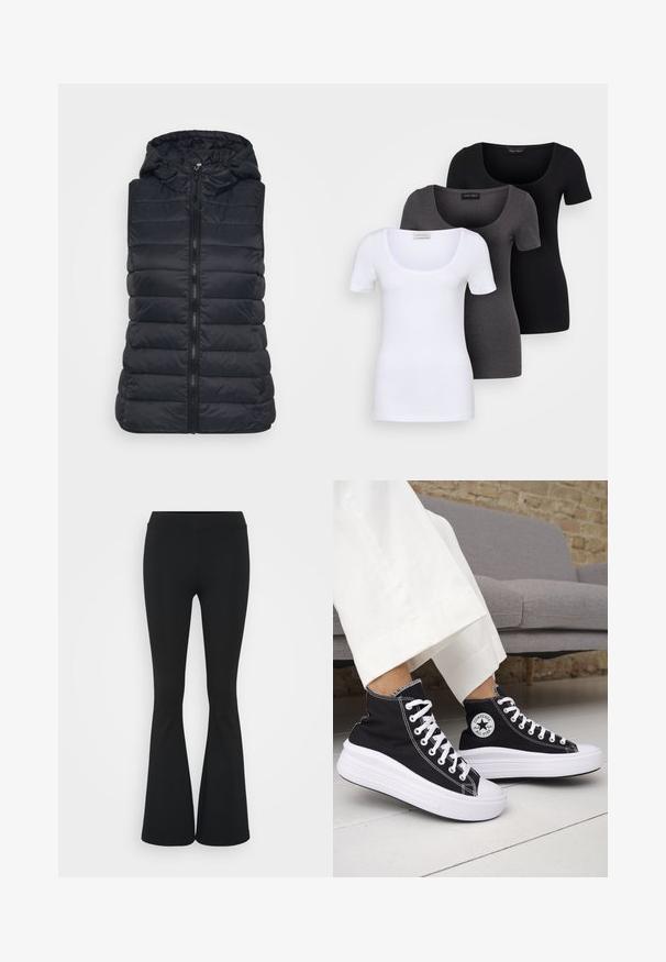 Svart polstret vest med hette, med en sentral glidelås, horisontalt quiltet tekstur, og uten ermer. Passer for lagdeling i kjølig vær.; Tre figurerte T-skjorter i hvit, grå og svart. Hver har en bred scoop-nakke og korte ermer. Laget av glatt, elastisk stoff.; Svarte flared bukser laget av elastisk stoff, med høy midje og en glatt tekstur. Buksene vidder ut fra kneet.; Svarte høye sneakers med hvite gummisåler og lisser. Har et rundt logo-merke og kontrasterende hvite sømmer. Laget av lerret.