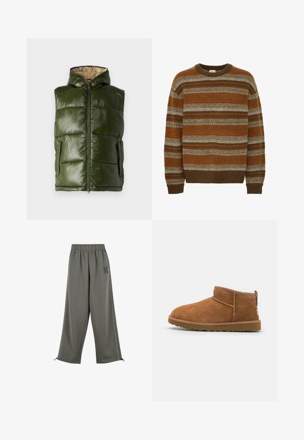 Groene puffer vest met een capuchon, met een glanzende afwerking, ritssluiting en twee zijzakken. De binnenvoering is beige.; Solid SDMAXWELL - Trui - slate black; Karl Kani KK OS SIDESTRIPE - Broek - grey; Tan suède enkellaars met een ronde neus, subtiele stiksels en een gestructureerde rubberen zool. Korte hoogte zonder veters.