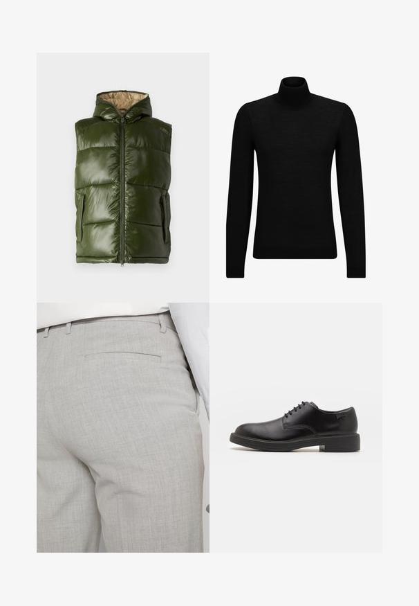 Žalias pūkuotas liemenės su kapišonu, blizgiu paviršiumi, užtrauktuku ir dviem šoninėmis kišenėmis. Vidinis pamušalas yra smėlio spalvos.; Juodas aukšto kaklo megztinis, pagamintas iš minkštos medžiagos, su ilgomis rankovėmis ir prigludusia forma. Su raukiniais apačioje ir rankogaliuose. Paprastas dizainas.; Šviesiai pilkos spalvos pritaikytos kelnės iš faktūrinės medžiagos, turinčios vieną užpakalinę kišenę ir tvarkingus siūlus.; Juodas odinis batų modelis su raišteliais, apvaliu nosiu, lygiu paviršiumi, minimaliai siuvinėjimu ir žemu guminėmis pakulne. Ant pakulnės šalia logo.