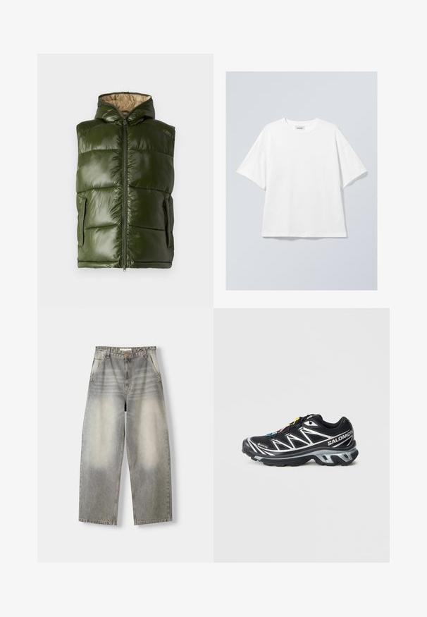 Zielona kamizelka puchowa z kapturem, z błyszczącym wykończeniem, zapinana na zamek błyskawiczny, z dwiema bocznymi kieszeniami. Wnętrze jest beżowe.; Biała bawełniana koszulka z okrągłym dekoltem i krótkimi rękawami. Luźny krój bez widocznych wzorów czy akcentów. Gładka faktura.; Spodnie dżinsowe o szerokich nogawkach w jasnoszarym odcieniu. Posiadają wyblakłe wykończenie, pięć kieszeni i zapięcie na guzik. Materiał to miękki dżins.; Czarne buty biegowe z srebrnymi akcentami, materiał GORE-TEX, teksturowana podeszwa i kolorowe sznurówki. Posiadają wyściełany obcas dla wsparcia.