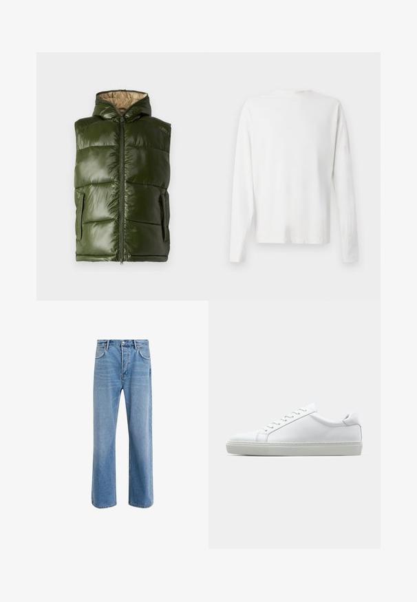 Groene puffer vest met een capuchon, met een glanzende afwerking, ritssluiting en twee zijzakken. De binnenvoering is beige.; Witte katoenen blouse met lange mouwen en een ronde halslijn, met zijsplitten aan de onderkant en een gladde textuur, vanuit de achterkant weergegeven.; Lichtblauwe denim jeans met een straight-leg ontwerp, vijf zakken, knoopsluiting, minimale vervaging en contrasterende stikseldetails.; Witte sneaker met een gladlederen bovenwerk en een laag profiel. Voorzien van een ronde neus, zes vetergaatjes en een gestructureerde rubberen zool.