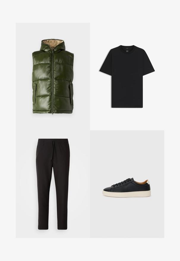 Grön pufferväst med huva, med en glänsande finish, dragkedjestängning och två sidofickor. Inre foder är beige.; Svart kortärmad T-shirt i en mjuk bomullsblandning, med rundad halsringning och en minimalistisk design utan mönster eller detaljer.; Svarta joggingbyxor i slätt tyg. Har resårmidja med en dragsko, avsmalnande ben och inga synliga fickor. Enkelt design.; Svarta lädersneakers med en slät yta, beige gummisula, snörning och en kontrasterande hälackcent.