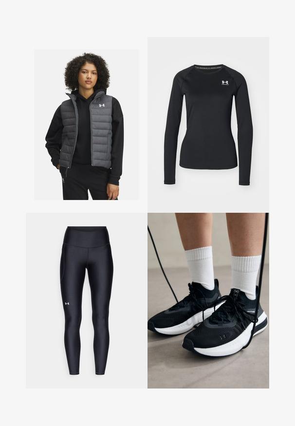 Puffig grå väst med dragkedja framtill och hög krage, bärs över en svart hoodie. Har horisontell quiltning och en Under Armour-logotyp på bröstet.; Svart långärmad träningströja i glatt material, med rund halsringning och en liten vit logotyp på vänster bröst.; Svarta leggings i ett smidigt, stretchigt material med hög midja. Har en vit logotyp på vänstra låret och en åtsittande design.; Svarta sportskor med texturerat tyg, vit sula och svarta snören. Bärs med vita reglerade strumpor, stående på en ljus yta.