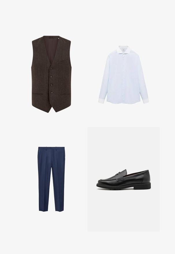 Brun väst i ullblandning med V-ringning, femknappsfront, två fickor med smala infällningar och en slät innerfoder.; Ljusblå randig långärmad skjorta med vit krage och manschetter, med knäppning fram och rundad nederkant. Slät tygtextur.; Marinblå byxor tillverkade av textilerad tyg, med rak front, två sidofickor och rak ben-design.; Svart syntetiska loafers med en framträdande söm på framsidan, vadderad sula och platt gummiyttersula; elegant design med minimalt detaljerad.