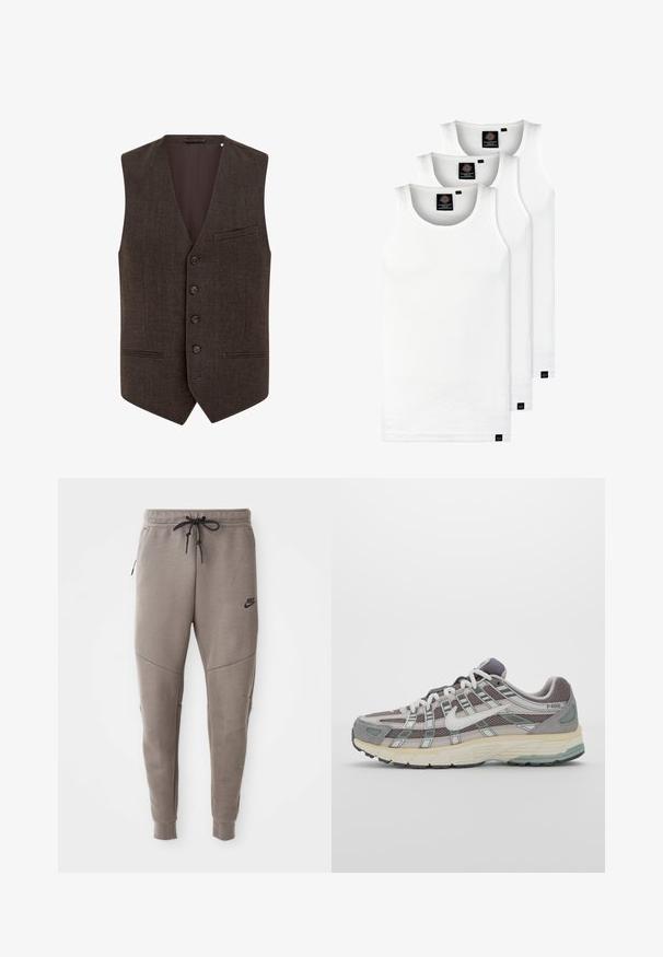 Hnědá vesta z vlněné směsi s výstřihem do V, pěticí tlačítek v přední části, dvěma kapsami s úzkými klopami a hladkým podšívkou.; Tři bílé žebrované tílka vyrobené z bavlny. Mají kulatý výstřih a malé černé štítky poblíž lemu. Dostupné v několika velikostech.; Šedé Nike tepláky s elastickým pasem na šňůrku, zúženými nohavicemi, bočními kapsami a charakteristickým švem. Měkká, strukturovaná tkanina.; Šedá sportovní obuv s vrchní částí z mikrovlákna a semiše, bílými akcenty, polstrovanou podrážkou a jedinečným designem s reflexními prvky.