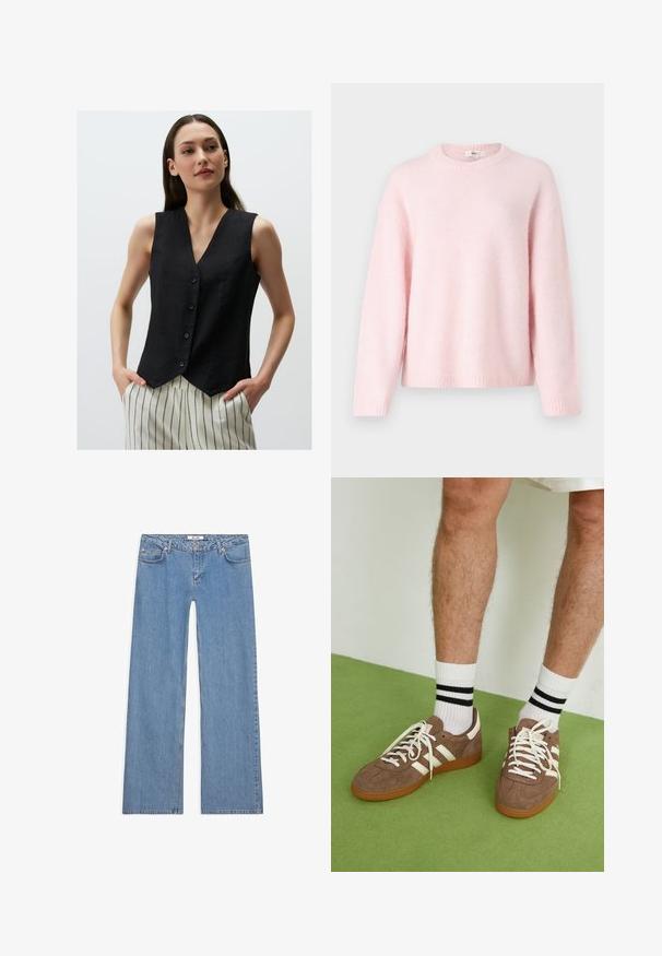 Gilet in lino senza maniche di colore nero con scollatura a V e cinque bottoni, caratterizzato da un orlo a zig-zag e una texture liscia, abbinato a pantaloni a righe.; Gina Tricot CREW NECK - Maglione - primrose pink; T-shirt bianco a maniche corte realizzato in cotone. Presenta un collo tondo e una vestibilità rilassata. Texture liscia senza motivi o dettagli visibili.; Jeans larghi di colore azzurro chiaro, realizzati in denim, dotati di un design a cinque tasche, chiusura con bottone e dettagli cuciti lungo le cuciture e gli orli.; Sneaker in suede marrone con dettagli e lacci bianchi. Suola in gomma color gomma. Indossati con calzini bianchi con righe nere. Pavimento verde texturizzato.