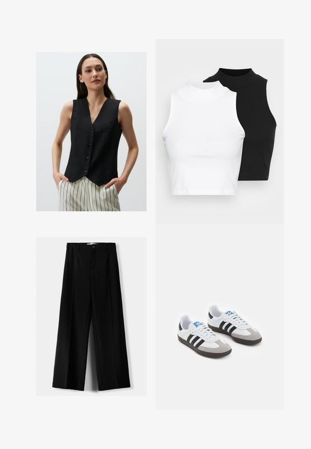 Schwarze ärmellose Leinenweste mit V-Ausschnitt und fünf Knöpfen, ausgestattet mit einem Zickzacksaum und glatter Textur, kombiniert mit gestreiften Hosen.; Zwei ärmellose, gerippte Rollkragenoberteile in Schwarz und Weiß, mit einer figurbetonten Passform und glatter Textur sowie einer cropped Länge.; Schwarze weite Hosen aus leichtem Stoff, mit einem Knopfverschluss vorne und flachem Bund, mit sorgfältig genähten Säumen.; Sportschuhe mit einem Obermaterial aus weißem Leder, grauer Wildleder-Zehenkappe und drei schwarzen Streifen. Sie verfügen über ein blaues Logo auf der Zunge und eine strukturierte Gummisohle.