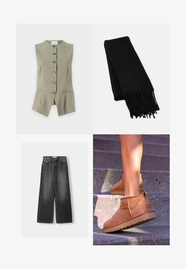 Sleeveless green linen vest with a high neckline, six front buttons, and two side pockets, featuring a tailored fit and a slightly flared hem.; Black crew-neck sweater with long sleeves, ribbed cuffs and hem, made of soft material. Simple, clean design without patterns or accents.; Wide-leg, high-waisted jeans in dark gray denim. Features five pockets, metal rivets, and belt loops. Smooth texture with slight fading.; Tan suede ankle boots with a soft texture, stitched detailing, and a rubber sole, featuring a looped heel for easy wear.; Black scarf made of a soft, textured fabric. Features frayed edges and a rectangular shape, suitable for draping around the neck.; Woven leather handbag in deep burgundy, square shape with a rounded handle and textured surface pattern. Minimalistic design.