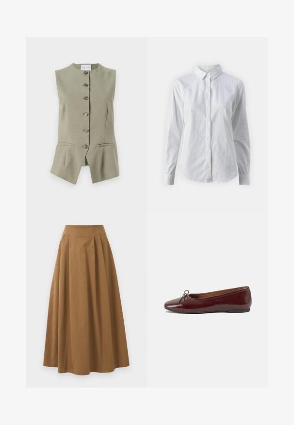 Mouwloze groene linnen vest met een hoge halslijn, zes knopen aan de voorkant en twee zijzakken, met een getailleerde pasvorm en een licht uitlopende zoom.; Witte overhemd met knopen van glad katoen, met een klassieke kraag, lange mouwen en een afgeronde zoom. De knopen zijn klein en wit.; Bruine katoen A-lijn rok met een hoge taille, voorzien van plooien aan de voorkant en een gladde textuur. De zoomafwerking is schoon en eenvoudig.; Bordeaux gepatenteerd lederen ballerina met een ronde neus, een klein strikaccent aan de voorkant en een lage, zwarte rubberen zool. Glad textuur.