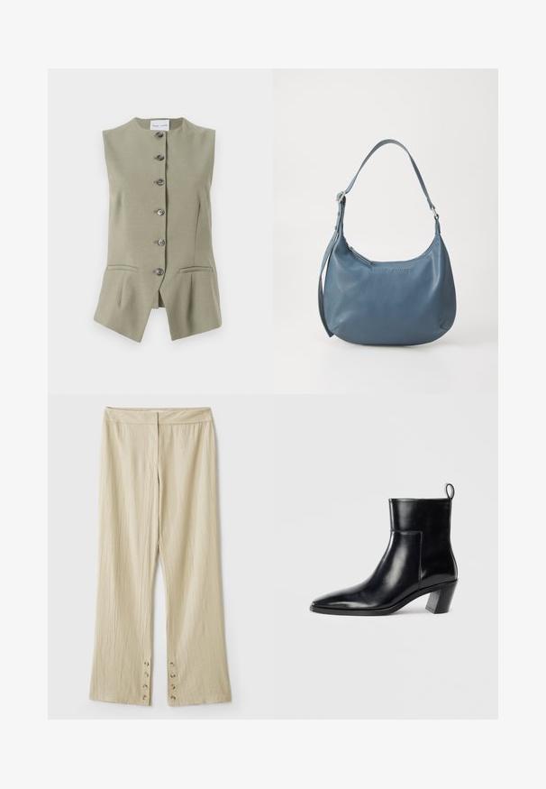 Mouwloze groene linnen vest met een hoge halslijn, zes knopen aan de voorkant en twee zijzakken, met een getailleerde pasvorm en een licht uitlopende zoom.; Zwarte mouwloze top met een ronde hals en een sleutelgat achter. Heeft verticale plooien voor textuur. Glad materiaal met een lichte glans.; Beige wijde broek met een textuurstof. Heeft een platte tailleband en vijf knopen aan de onderkant voor sluiting. Geplooid ontwerp.; Zwarte leren enkelboot met een spitse neus, een geometrische gestapelde hak en een trekband aan de achterkant. Gladde textuur en slank ontwerp.; Blauwe leren handtas met een ronde vorm, enkele schouderriem, ritssluiting en geïmpregneerde merknaam aan de voorkant. Gladde textuur.