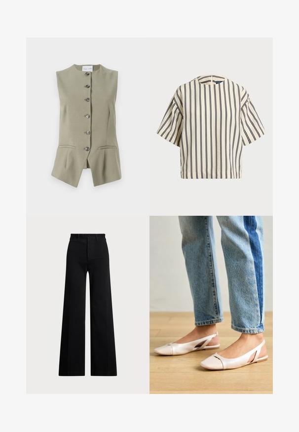 Αμάνικο πράσινο λινό γιλέκο με ψηλό λαιμό, έξι κουμπιά μπροστά και δύο πλαϊνές τσέπες, που διαθέτει κομψή εφαρμογή και ελαφρώς φαρδύ τελείωμα.; Κοντομάνικο, ριγέ τοπ σε κρέμα και ναυτικό, με στρογγυλή λαιμόκοψη και τετράγωνη γραμμή, φτιαγμένο από υφασμάτινη υφή.; Μαύρο παντελόνι σε φαρδιά γραμμή από υφαντό ύφασμα, με ψηλή μέση, μπροστινή κλείσιμο με κουμπί και πλαϊνές τσέπες. Απαλή υφή με καθαρές γραμμές.; Ανοιχτό ροζ εσπαντρίγες με μυτερές μύτες, κατασκευασμένες από υλικό που μοιάζει με δέρμα. Διαθέτουν κομψές κοπές στα πλάγια και επίπελο τακούνι.