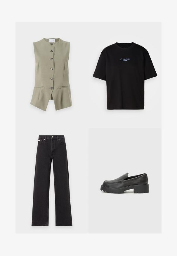 Ujjatlan zöld vászonmellény magas nyakkivágással, hat elülső gombbal és két oldalsó zsebbel, testhezálló fazonnal és enyhén bővülő szegéllyel.; Fekete pamut póló kerek nyakkal, rövid ujjú, elöl kék hímzett "Calvin Klein JEANS" logóval.; Fekete, bőszárú farmernadrág, magas derekú, öt zsebes kialakítással és fém gombos záródással, kontrasztos varrással.; Fekete bőr loafer cipők kerek orral, vastag, texturált talppal és minimális varrási részletekkel. Áramvonalas dizájn, látható fűzők vagy fém részek nélkül.