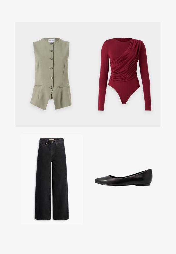 Ujjatlan zöld vászonmellény magas nyakkivágással, hat elülső gombbal és két oldalsó zsebbel, testhezálló fazonnal és enyhén bővülő szegéllyel.; Hosszú ujjú bodysuit mélyvörös színben, lágyan redőzött anyaggal, kerek nyakkivágással és patentos záródással az alján, kellemes, rugalmas anyagból készült.; Fekete, bő szárú farmernadrág, öt zsebbel, réz szegecsekkel és klasszikus gombos kapoccsal. Simára kidolgozott textúrával és letisztult dizájnnal.; Fekete balettcipő, fényes bőrből készült, lekerekített orral és alacsony, lapos talppal. Simább textúrájú, egyszerű és elegáns dizájnnal rendelkezik.