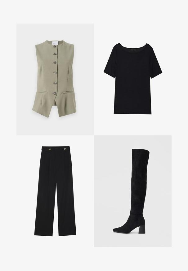 Chaleco de lino verde sin mangas con un escote alto, seis botones en la parte delantera y dos bolsillos laterales, presenta un corte entallado y un dobladillo ligeramente acampanado.; Camiseta negra de manga corta con un escote ancho. Hecha de un tejido suave y liviano. Diseño simple sin patrones ni acentos.; Pantalones de pierna ancha negros con cintura alta, detalles de botones en la cinturilla y pliegues en la parte delantera.; Bota de ante negra hasta la rodilla con tacón cuadrado, puntera afilada y diseño liso y sin costuras sobre un fondo claro.