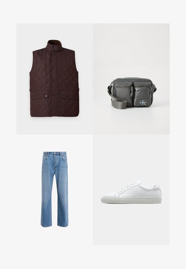 Vesta maro matlasată cu guler înalt, butoni cu apăsare și două buzunare frontale. Prezintă un model în diamante și o textură netedă.; Cămașă cu mâneci lungi și guler înalt din bumbac crem deschis. Textură netedă, croială lejeră, design minimalist, fără modele sau accente vizibile.; Jeans din denim bleu deschis cu un design drept, cinci buzunare, închidere cu buton, decolorare minimă și detalii de cusătură în contrast.; Adidași albi cu o suprafață din piele netedă și un profil jos. Au un vârf rotunjit, șase orificii pentru șireturi și o talpă din cauciuc texturată.; Geantă din nylon gri, tip crossbody, cu două buzunare frontale cu fermoar, curea ajustabilă și accent logo. Textură netedă, cu un design modern.