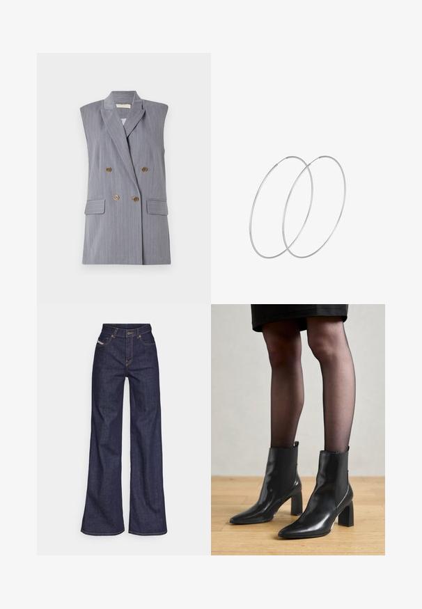 Hallideta hall ilma varrukateta bleiser, millel on triibuline mustriga, kahe rea nööpidega esikülg, kuldsete nööpidega ja küljetaskudega. Siledat kangatekstiili.; Tume sinine kõrge kaelusega pikkade varrukatega topp. Valmistatud pehmest kangast, millel on sile tekstuur. Omab kokkuhoidlikku disaini ja kõrget kraed ilma nähtavate õmblusteta.; Tumedates sinised laiad teksad denimpesus, kõrge vöökohaga, mis on varustatud oranžide õmblustega, viie-taskulise disaini ja nööbiga kinnitusega.; Mustad mustad jalanõud terava ninaga, paksu ruudukujulise kontsaga ja saleda disainiga. Omavad elastseid külgpaneele mugavaks selga tõmbamiseks.; Hõbedased rõngastikkaehingad minimalistlikus disainis. Ümar kuju, sile tekstuur ja õhuke profiil. Kerged ning poleeritud viimistlusega.