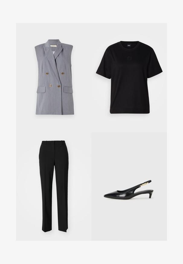 Grå ärmlös blazer med ränder, dubbelknäppt front, knappar i guldton och sidofickor. Slät tygtextur.; Svart bomullströja med rund halsringning, korta ärmar och en broderad logotyp på bröstet. Enkel, avslappnad passform utan mönster.; Svarta skräddarsydda byxor med rak benform, med en slät yta och skarpa veck fram. Ingen synlig hårdvara.; Svart läder slingback-hälar med spetsig tå, med en smal klack och en guldtonad detalj på den justerbara remmen. Slät textur.