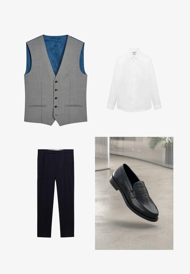 Next SIGNATURE PLAIN SUIT: WAISTCOAT - Suit waistcoat - gray; White long-sleeve shirt made of smooth fabric, featuring a classic collar, button front, and curved hem. Minimalistic design with no patterns.; Navy blue trousers featuring a straight leg design, double pleats, and a button closure at the waist. Made from a smooth fabric with no patterns.; Black leather loafer with smooth texture, pointed toe, and a decorative strap across the instep. Lightweight sole, minimal design.