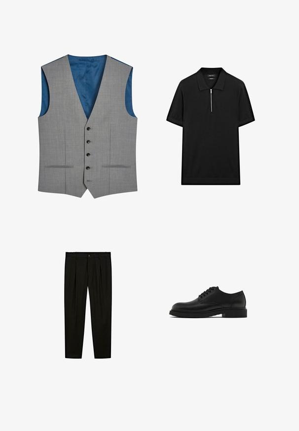 Next SIGNATURE PLAIN SUIT: WAISTCOAT - Gilet - gray; Zwarte polo met korte mouwen, een staande kraag en een rits aan de voorkant. Gemaakt van een gladde stof met een schoon, minimalistisch ontwerp.; Zwarte op maat gemaakte broeken van soepel materiaal. Kenmerken zijn een platte voorkant, brede pijpen en een knoopsluiting bij de taille.; Zwarte leren nette schoen met een textuur, ronde neus, vijf oogjes voor veters en een stevige zwarte zool. Eenvoudig, recht design.
