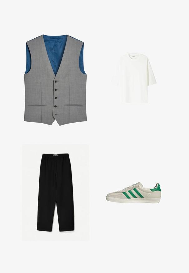 Next SIGNATURE PLAIN SUIT: WAISTCOAT - Anzugweste - gray; Weißes T-Shirt mit kurzen Ärmeln aus Baumwolle, mit Rundhalsausschnitt und lockerem Schnitt sowie geradem Saum.; Schwarze, weit geschnittene Hose aus leichtem Stoff. Mit elastischem Bund und glatter Textur. Keine sichtbaren Muster oder Beschläge.; Beige Sneaker mit grünen Streifen, ausgestattet mit einer weißen Sohle und einem Obermaterial aus glattem Leder. Seitenansicht, die die Schnürdetails und das Logo hervorhebt.