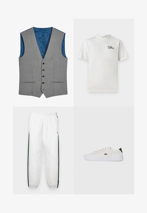 Next SIGNATURE PLAIN SUIT: WAISTCOAT - Vestă costum - gray; Tricou alb din bumbac, cu guler rotund, mâneci scurte și un mic logo brodat care înfățișează munți și text pe partea stângă a pieptului.; Pantaloni de trening albi cu panouri laterale de culoare verde închis. Material ușor, talie elastică și tivuri manșonate. Prezintă o textură din plasă pe panourile laterale.; Tenis din piele albă cu vârf rotund, sistem de prindere cu șireturi în față și accent negru la călcâi. Are un mic logo brodat cu crocodil pe lateral.