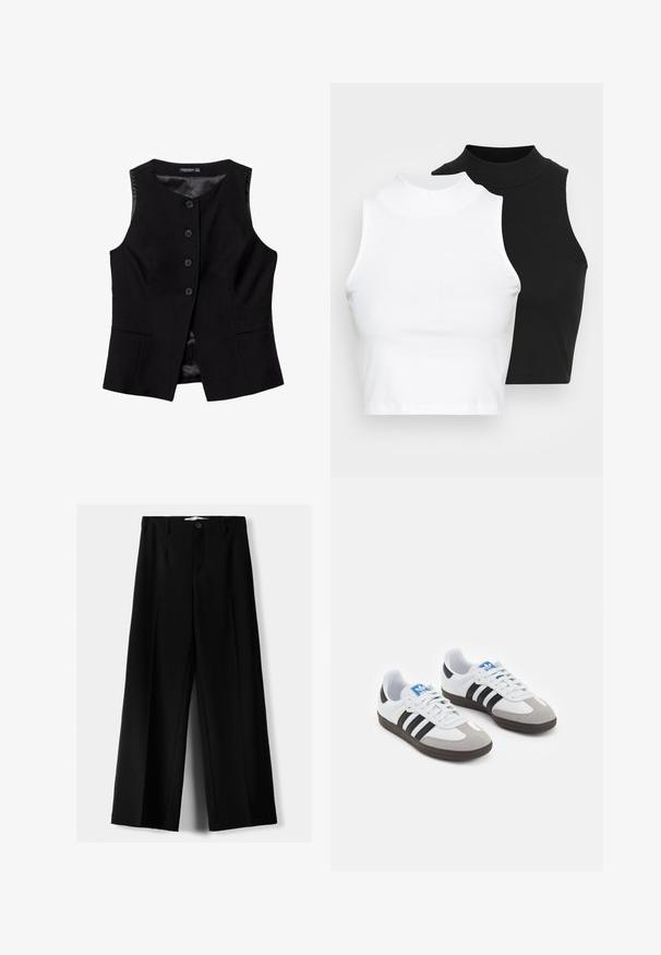 Schwarze ärmellose Weste mit fünf Knöpfen auf der Vorderseite, Seitentaschen und einem glatten Innenfutter. Maßgeschneiderte Passform mit einer dezenten, glänzenden Textur.; Zwei ärmellose, gerippte Rollkragenoberteile in Schwarz und Weiß, mit einer figurbetonten Passform und glatter Textur sowie einer cropped Länge.; Schwarze weite Hosen aus leichtem Stoff, mit einem Knopfverschluss vorne und flachem Bund, mit sorgfältig genähten Säumen.; Sportschuhe mit einem Obermaterial aus weißem Leder, grauer Wildleder-Zehenkappe und drei schwarzen Streifen. Sie verfügen über ein blaues Logo auf der Zunge und eine strukturierte Gummisohle.
