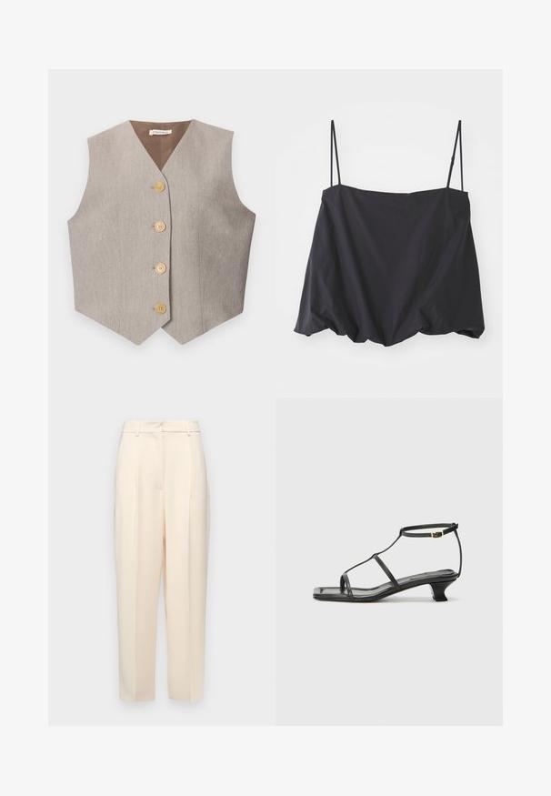 Beige sleeveless vest with a notch collar, featuring four round golden buttons down the front and a smooth texture.; Black sleeveless top with thin straps, loose fit, and gathered hem. Made of lightweight fabric with a smooth texture.; Beige tailored trousers with a straight fit, featuring pleats at the front, a smooth texture, and a mid-rise waist. No visible pockets.; Black leather sandal with a square toe, thin straps, adjustable ankle strap, and a low heel. Features a small gold accent on the strap.