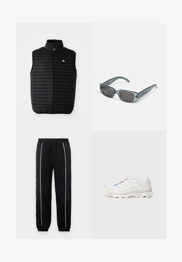 Colete sem mangas acolchoado preto com colarinho alto, fecho frontal e bolsos laterais. Apresenta um design acolchoado horizontal e um pequeno logótipo no peito.; Sweatshirt de polar preto com meio fecho, capuz e linha de acento branca. Logótipo impresso no peito; apresenta punhos e bainha elásticos. Textura suave.; Calças de moletom pretas com riscas laterais brancas, cintura elástica e punhos. Feitas de um tecido suave e texturizado para conforto e flexibilidade.; Sapatilha atlética branca com parte superior em malha texturada, detalhes refletivos e sola acolchoada. Logótipo da marca destacado na lateral.; Santa Cruz INFERNO UNISEX - Óculos de sol - crystal black