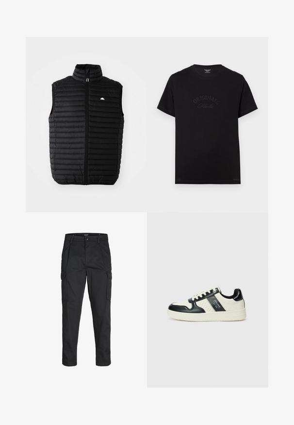 Crni podstavljeni bezrukavnik s visokim ovratnikom, prednjim patentnim zatvaračem i bočnim džepovima. Ima horizontalni kviltani uzorak i mali logo na prsima.; Crna pamučna majica s kratkim rukavima i okruglim izrezom. Na prednjoj strani se ističe natpis "ORIGINALS Studio" u toniranim slovima.; Crne cargo hlače izrađene od čvrstog materijala, s brojnim džepovima, kopčanjem na gumb i dizajnom koji pomaže da se prilagode tijelu sa suženim nogavicama.; Kožne tenisice s crno-bijelom paletom boja, koje imaju perforirane akcentne detalje, podstavljeni ovratnik i teksturiranu potplat.