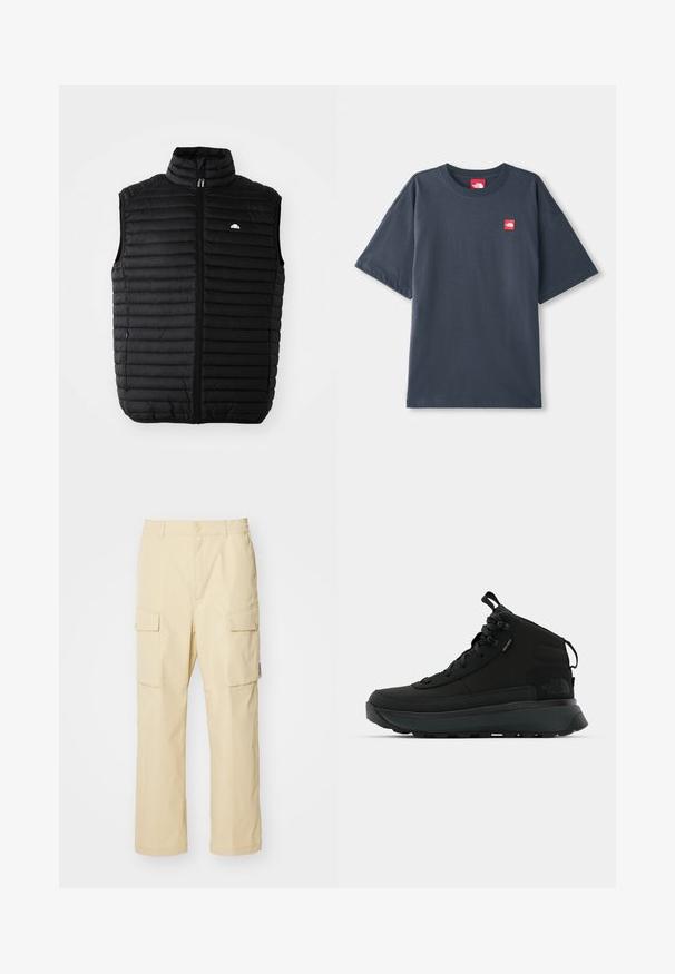 Črna podložena brezrokavna jakna z visokim ovratnikom, sprednjim zadrgo in stranskimi žepi. Ima vodoravno prešito zasnovo in majhen logotip na prsih.; Temno mornarsko modra kratka majica iz bombaža z rdečim logotipom na levem prsnem delu in klasičnim okroglim izrezom.; Beige cargo hlače iz tkanine z elastičnim pasom in gumbom za zapiranje. Imajo dve stranski žep in preprost dizajn.; Črne srednje visoke pohodniške čevlje z teksturiranim zgornjim delom iz tkanine, ojačanim nosom, varnim sistemom vezanja in oblazinjenim podplatom za oprijem.