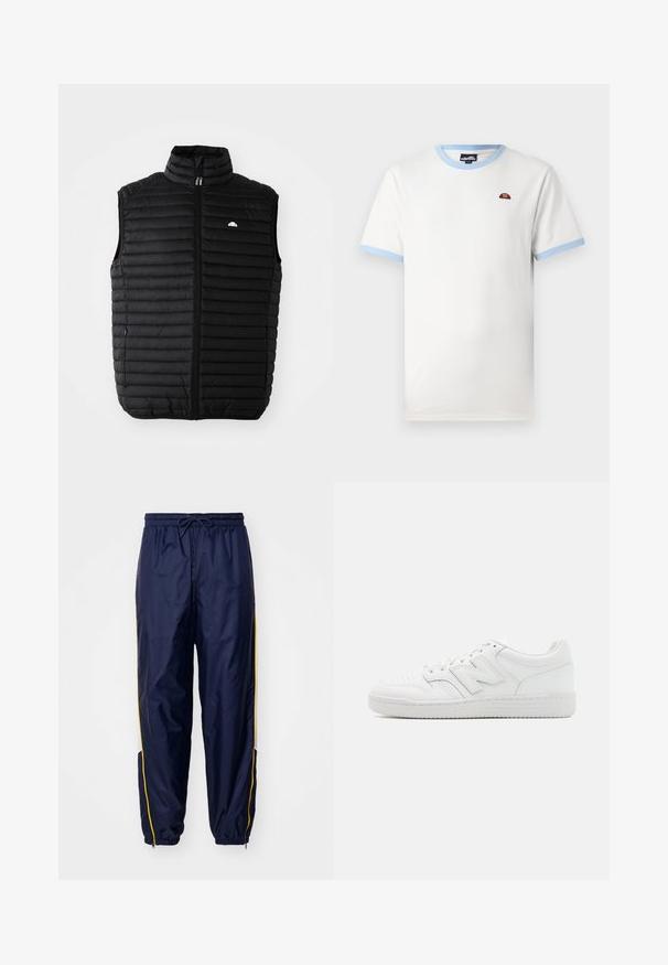 Colete sem mangas acolchoado preto com colarinho alto, fecho frontal e bolsos laterais. Apresenta um design acolchoado horizontal e um pequeno logótipo no peito.; T-shirt de algodão branco com gola e bordas das mangas em azul claro. Apresenta um pequeno logótipo vermelho e laranja no peito. Corte clássico.; Calças de treino leves, em azul-marinho, com um cós elástico e cordão. Apresentam riscas amarelas nas laterais e aberturas com fecho zip na parte inferior das pernas.; Sapatilha branca feita de couro liso, com bico perfurado, sola de borracha texturizada, atacadores planos e um destacado logotipo 'N' na lateral.