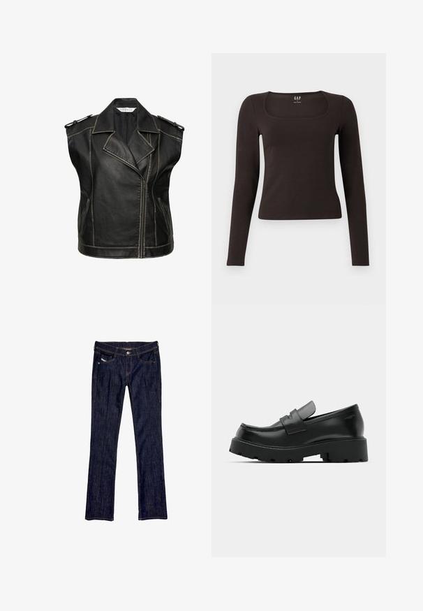 Černá kožená vesta s klasickým motocyklovým designem, se zářezovým límcem, zipovým zapínáním a ramenními epauletami. Zesílené švy.; Černý dlouhý rukáv, přiléhavý top se čtvercovým výstřihem, označený značkou GAP, vystavený na bílém pozadí.; Tmavě modré džíny z denimu se střihem rovného nohavice, s předním zapínáním na knoflík, pěti kapsami a viditelným švem podél švů.; Černé kožené polobotky s robustní texturovanou podešví, se strapcem přes nárt a hladkým, lesklým povrchem.