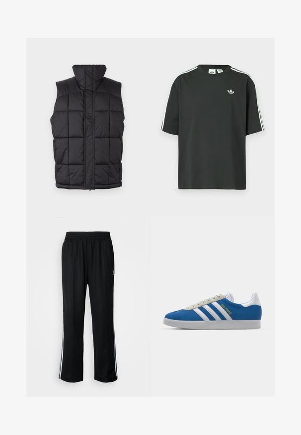 Crna puffer prsluk s visokim ovratnikom, tkanim teksturom i prednjim zatvaračem. Bez rukava, s horizontalno šivenim linijama za izolaciju.; Crna pamučna majica kratkih rukava, s okruglim izrezom i bijelim detaljima u obliku triju pruga na ramenima. Na prsima se nalazi mali bijeli logotip.; Crne sportske hlače s elastičnom trakom oko struka, s bijelim bočnim prugama i malim logotipom. Materijal izgleda mekan i lagan.; adidas Originals ADIDAS GAZELLE SHOES - Dvoranske nogometne kopačke - real madrid/bluebird/footwear white/crew yellow