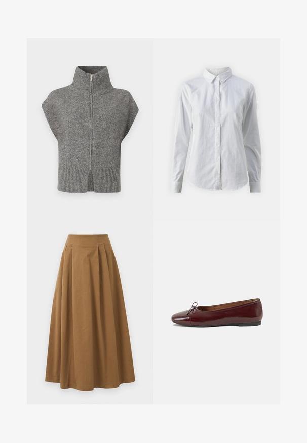 Grå strikket genser med høy krage, glidelås foran og cap sleeves. Ribbede kanter og splittsider forbedrer det teksturerte designet.; Hvit skjorte med knapper laget av glatt bomull, med klassisk krage, lange ermer og buet skjær. Knapper er små og hvite.; Brun bomull A-linje skjørt med høy midje, med folder foran og en jevn tekstur. Kantene er rene og enkle.; Burgunderrød lakk lær ballettleilighet med rund tå, liten sløyfe foran og en lav, svart gummisåle. Glatt tekstur.