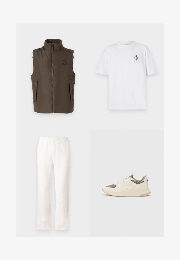 Smeđa bezrukavna prsluk s visokim ovratnikom, prednjim patentnim zatvaračem i dva bočna džepa. Ima oznaku na lijevoj strani prsa. Glatka tekstura.; Bijela pamučna majica s opuštenim krojem, s malim crnim grafičkim logotipom na lijevoj prečki. Kratki rukavi, okrugli izrez.; Bijele lanene hlače s elastičnim pojasom, ravnog kroja i blago teksturirane tkanine. Bez uzoraka ili dodatnih detalja.; Bijele i svijetlosmeđe sportske tenisice, sa mrežastim gornjim dijelom, perforiranim detaljima i teksturiranim međutrakom sa brendom na peti.