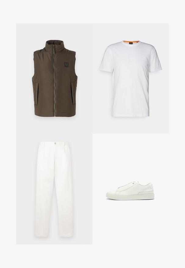 Braune ärmellose Weste mit hohem Kragen, Frontreißverschluss und zwei Seitentaschen. Mit einem Logo-Patch auf der linken Brust. Glatte Textur.; Weißes Baumwoll-T-Shirt mit Rundhalsausschnitt, kurzen Ärmeln und einem dezenten geprägten Logo auf der Brust. Das Innenschild hat einen orangefarbenen Akzent.; Weiße Hose aus glattem Gewebe, mit geradem Bein, Vorderfalten und einem einzelnen Knopfverschluss an der Taille.; Weiße Leder-Sneaker mit strukturierter Oberseite, runder Zehenform, minimalistischem Design und Gummisohle mit gestickten Details.