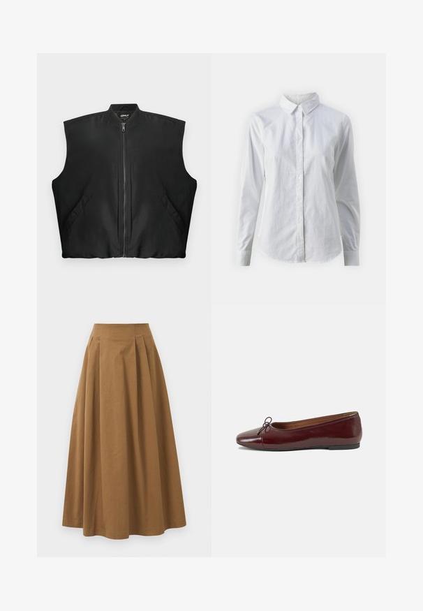 Crna bezrukava jakna na zatvaranje s patentnim zatvaračem, s rebrastim ovratnikom i dva prednja džepa sa kopčama, položena ravno na bijeloj pozadini.; Bjela košulja na dugih rukava od glatkog pamuka, s klasičnom kragnom i zakrivljenim rubom. Dugmad su mala i bijela.; Smeđa pamučna suknja A kroja s visokim strukom, koja ima nabore sprijeda i glatku teksturu. Završetci donjeg ruba su čisti i jednostavni.; Burgundska lakirana balerinka s zaobljenim vrhom, malim mašnom sprijeda i niskom, crnom gumenom potplatu. Glatka tekstura.