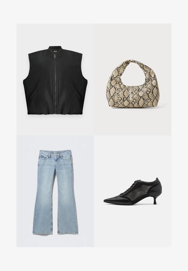 Black sleeveless zip-up vest with ribbed collar and two front pockets with snap buttons, laid flat on a white background.; Black long-sleeve top with a boat neckline, asymmetrical design, and side ties for adjustable fit. Soft, stretchy fabric with a smooth texture.; Light blue flared jeans with a faded finish, five-pocket design, and contrasting stitching. Cotton denim with a smooth texture.; Black pointed-toe shoe with a mesh panel design, featuring a low heel and lace-up front. Made from a combination of leather and mesh material.; Snake-print handbag with a curved handle. Made from textured, beige and brown materials, featuring a distinctive diamond pattern.