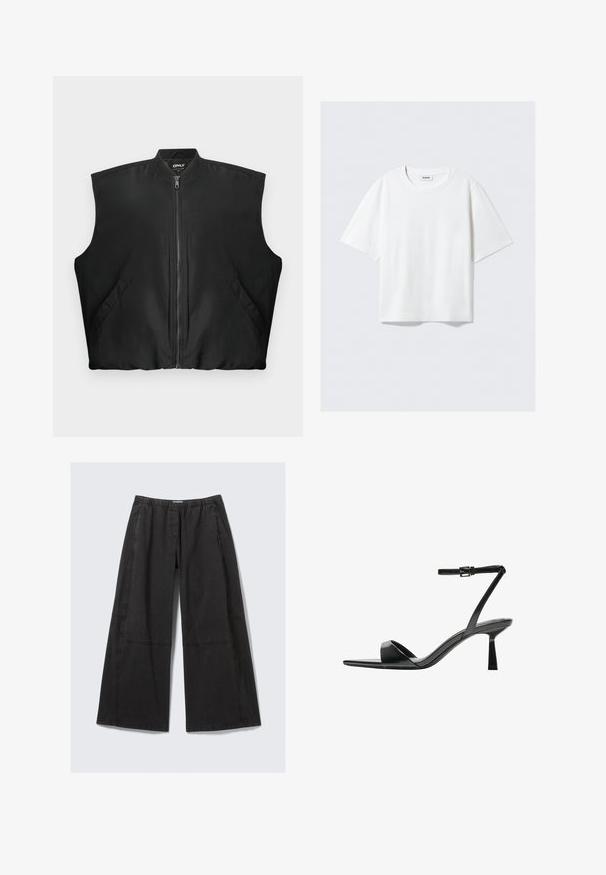 Svart ärmlös zip-up väst med ribbat krage och två framfickor med tryckknappar, liggande platt på en vit bakgrund.; Vit kortärmad t-shirt i mjuk bomull, med rund halsringning och avslappnad passform med rak fåll, enfärgad utan mönster eller grafik.; Svarta vida byxor i bomull. Har en elastisk midja och sidopotter med sömdetaljer. Slät front utan fickor.; Bershka Sandaletter - black