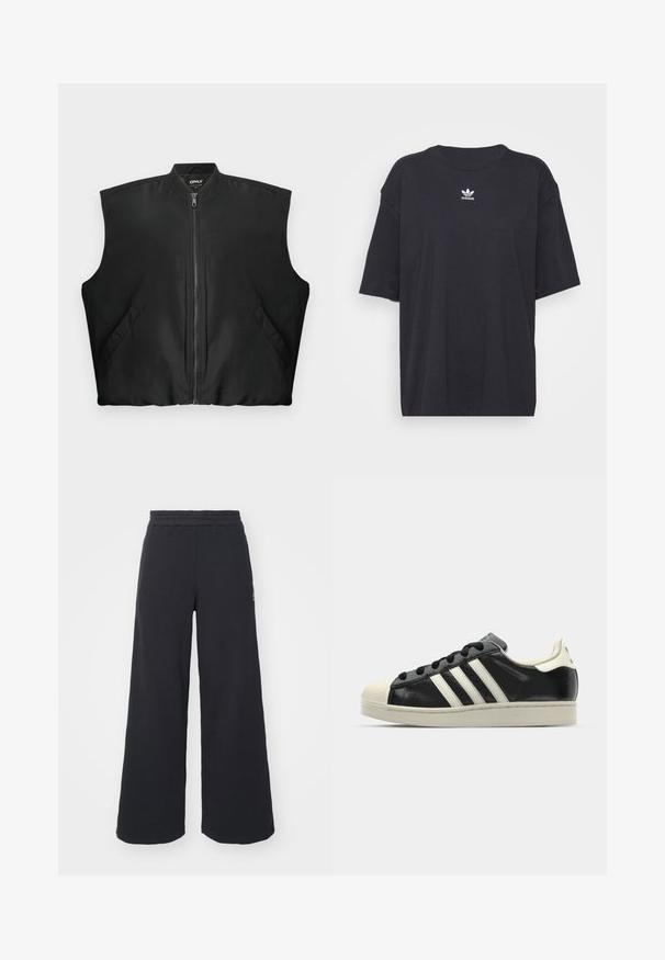 Zwarte mouwloze ritsvest met geribde kraag en twee voorzakken met drukknoopjes, plat gelegd op een witte achtergrond.; Zwarte katoenen T-shirt met korte mouwen, ronde halslijn, voorzien van een wit Adidas-logo op de borst. Eenvoudig ontwerp, comfortabele pasvorm.; Zwarte wijde sweatpants gemaakt van zachte stof, met een elastische tailleband en een klein logo aan de linkerkant.; Zwarte leren sneaker met witte strepen, rubberen teenbescherming, zwarte veters en een crèmekleurige loopzool. Glad oppervlak met een glanzende afwerking.